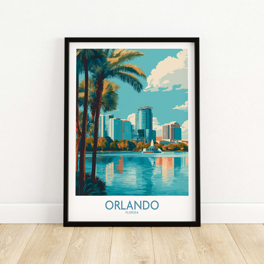 Orlando Florida Modern Skyline Art Print | Lake Eola Park Travel Poster features urban skyline and palm trees.