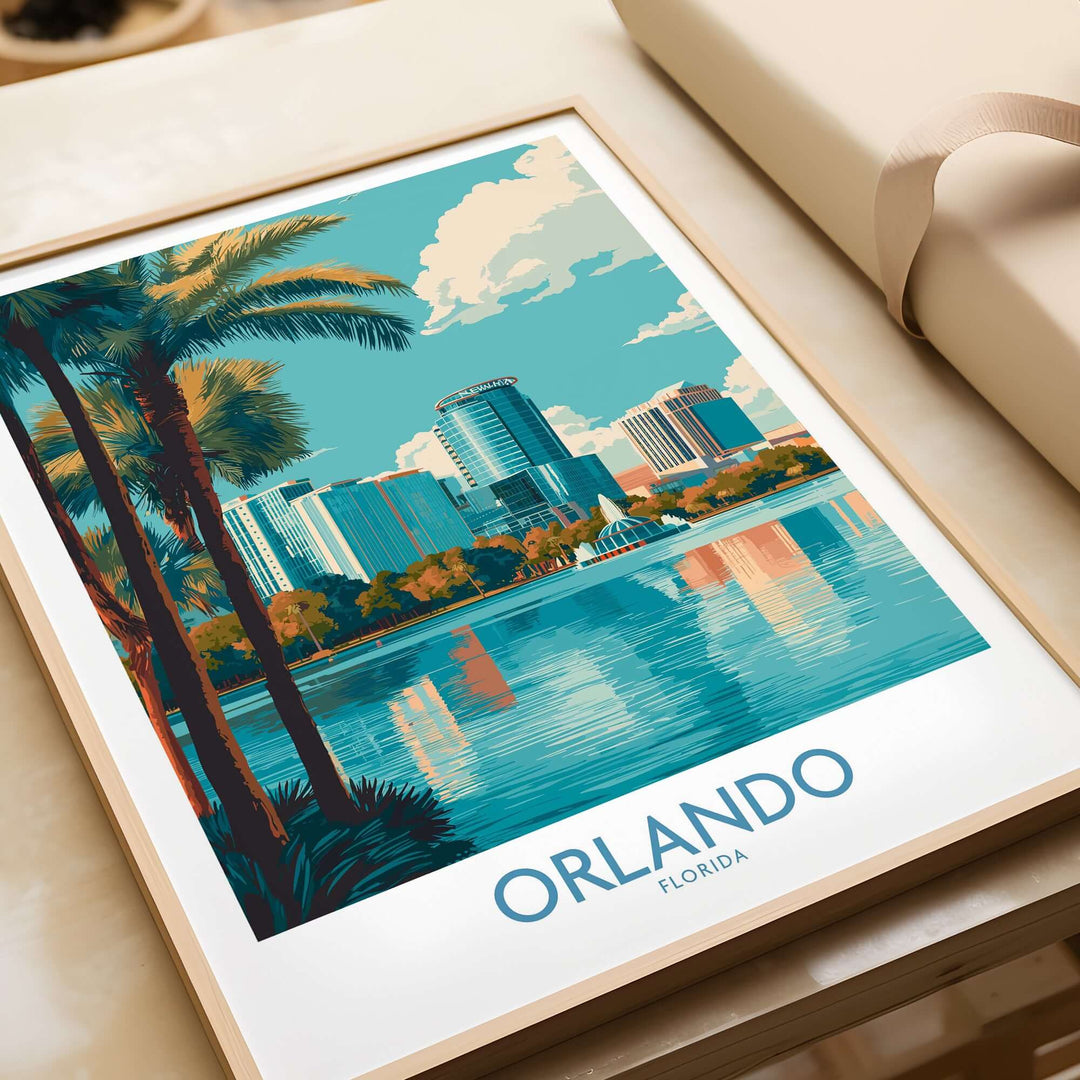 Orlando Florida Modern Skyline Art Print | Lake Eola Park Travel Poster featuring palm trees and urban skyline reflection.