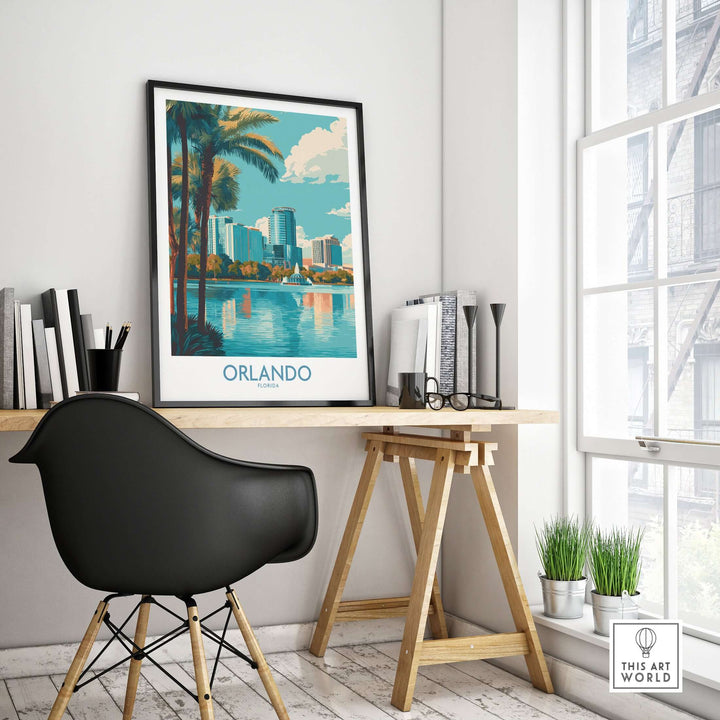 Orlando Florida Modern Skyline Art Print | Lake Eola Park Travel Poster displayed in a stylish workspace.