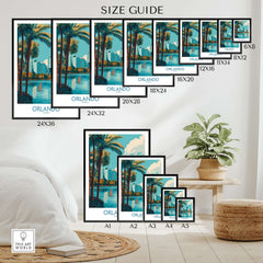 Orlando Florida Modern Skyline Art Print | Lake Eola Park Travel Poster size guide showing various print sizes.