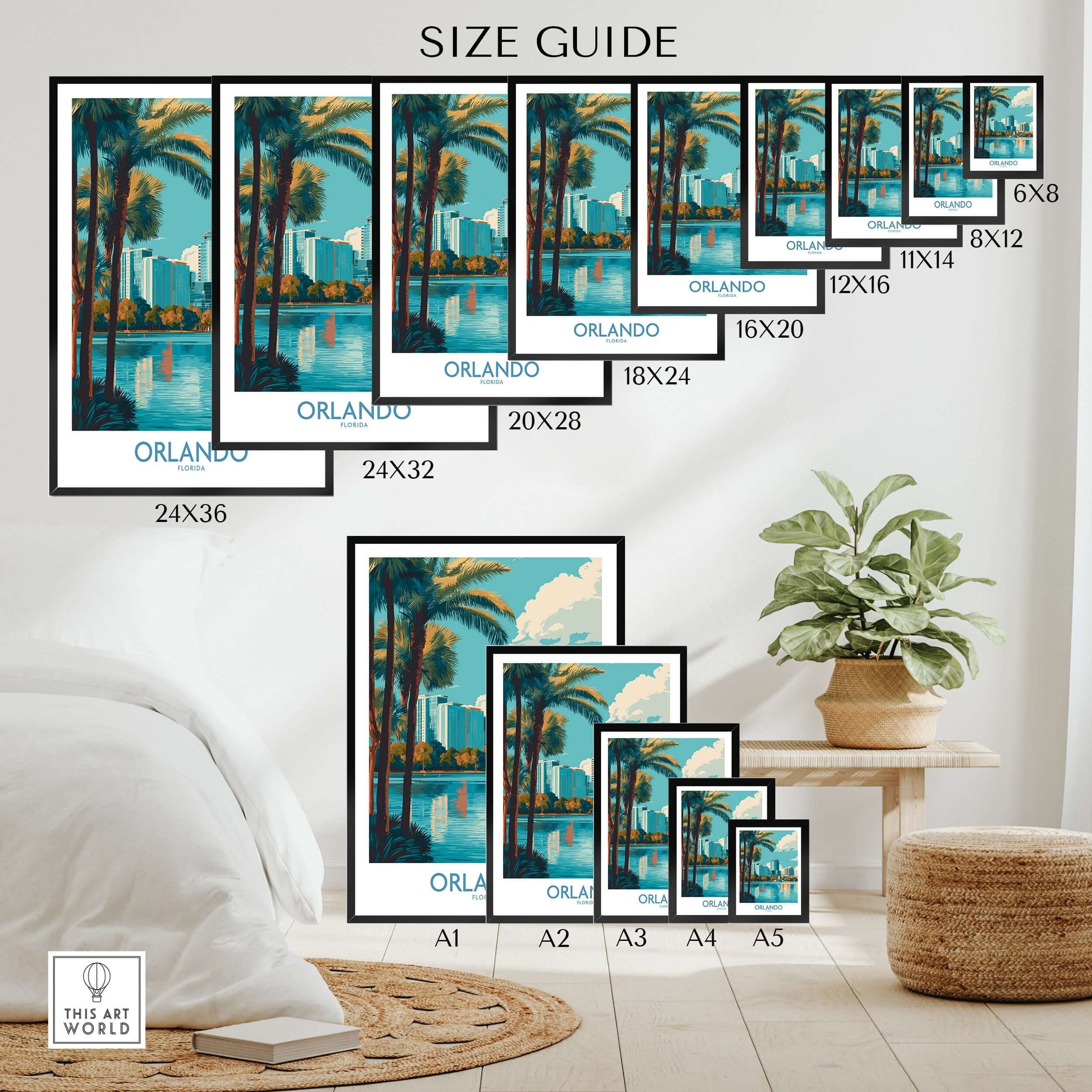 Orlando Florida Modern Skyline Art Print | Lake Eola Park Travel Poster size guide showing various print sizes.