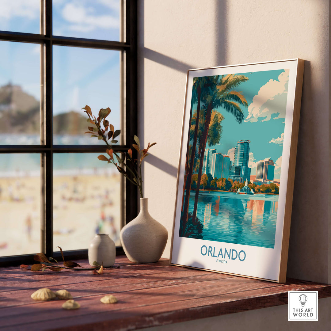Orlando Florida Modern Skyline Art Print | Lake Eola Park Travel Poster displayed in a modern interior with view of outdoor beach.