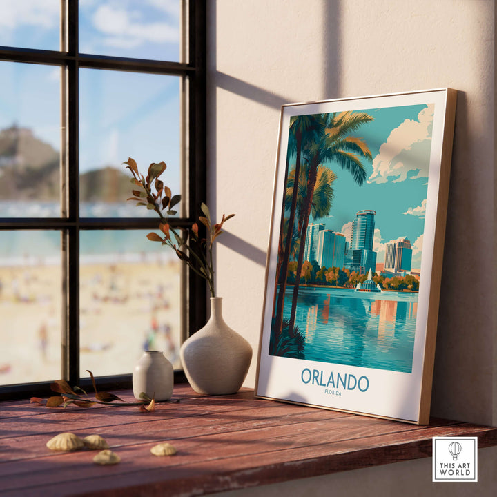 Orlando Florida Modern Skyline Art Print | Lake Eola Park Travel Poster displayed in a modern interior with view of outdoor beach.