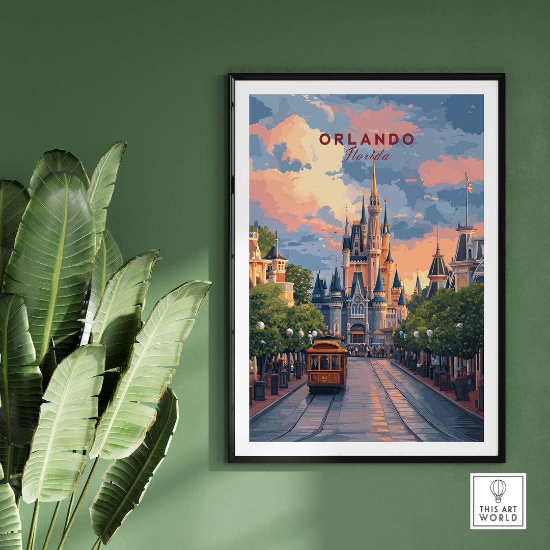Orlando Print | Florida Home Decor showcasing a vibrant scene of Orlando's iconic castle and streetcar.