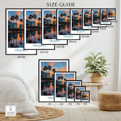 Orlando Florida City Sunset Skyline Art Print size guide showing multiple frame sizes and styles.