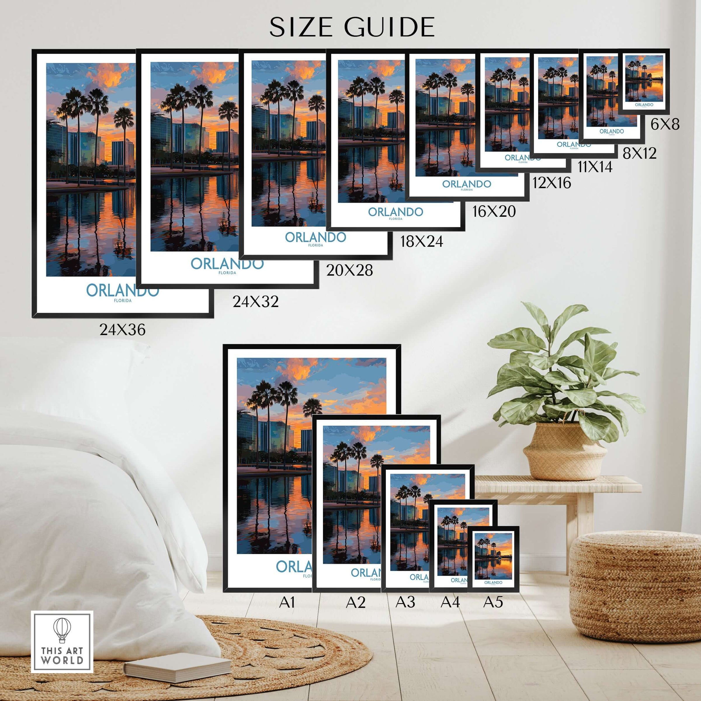 Orlando Florida City Sunset Skyline Art Print size guide showing multiple frame sizes and styles.