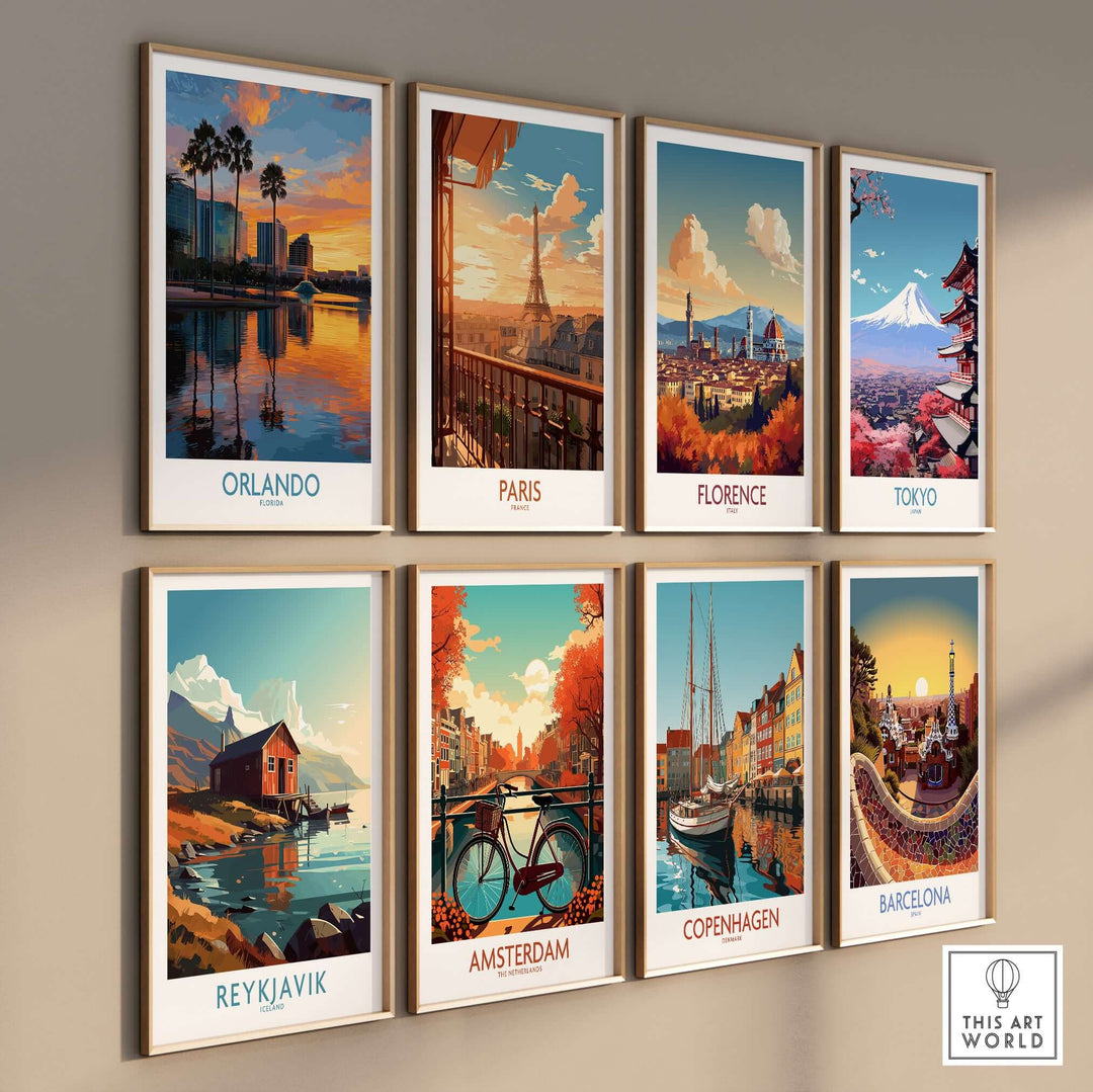 Orlando Florida City Sunset Skyline Art Print showcasing a vibrant urban skyline with sunset hues, ideal for city lovers.