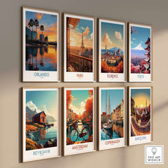 Orlando Florida City Sunset Skyline Art Print showcasing vibrant urban sunsets among iconic cityscapes.