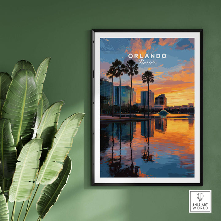Orlando Print | Florida Urban Wall Decor featuring a vibrant sunset over the city skyline with palm trees.