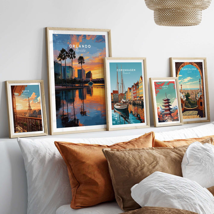 Orlando Print | Florida Urban Wall Decor showcasing framed prints of vibrant cityscapes on a cozy couch.