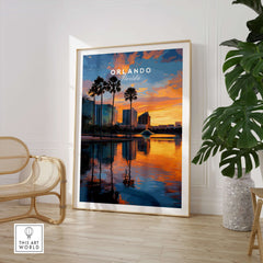 Orlando Print | Florida Urban Wall Decor featuring a vibrant sunset and city skyline with palm trees.