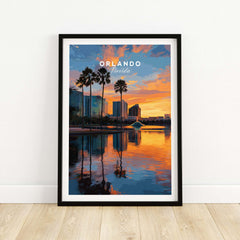 Orlando Print | Florida Urban Wall Decor showcasing vibrant skyline and sunset reflections over water.