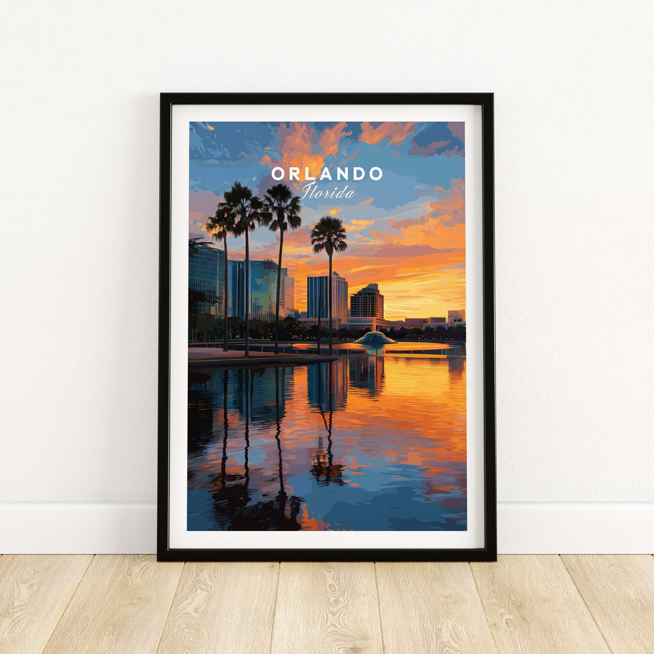Orlando Print | Florida Urban Wall Decor showcasing vibrant skyline and sunset reflections over water.
