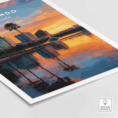 Orlando Print | Florida Urban Wall Decor featuring a vibrant city skyline at sunset with reflections on water.