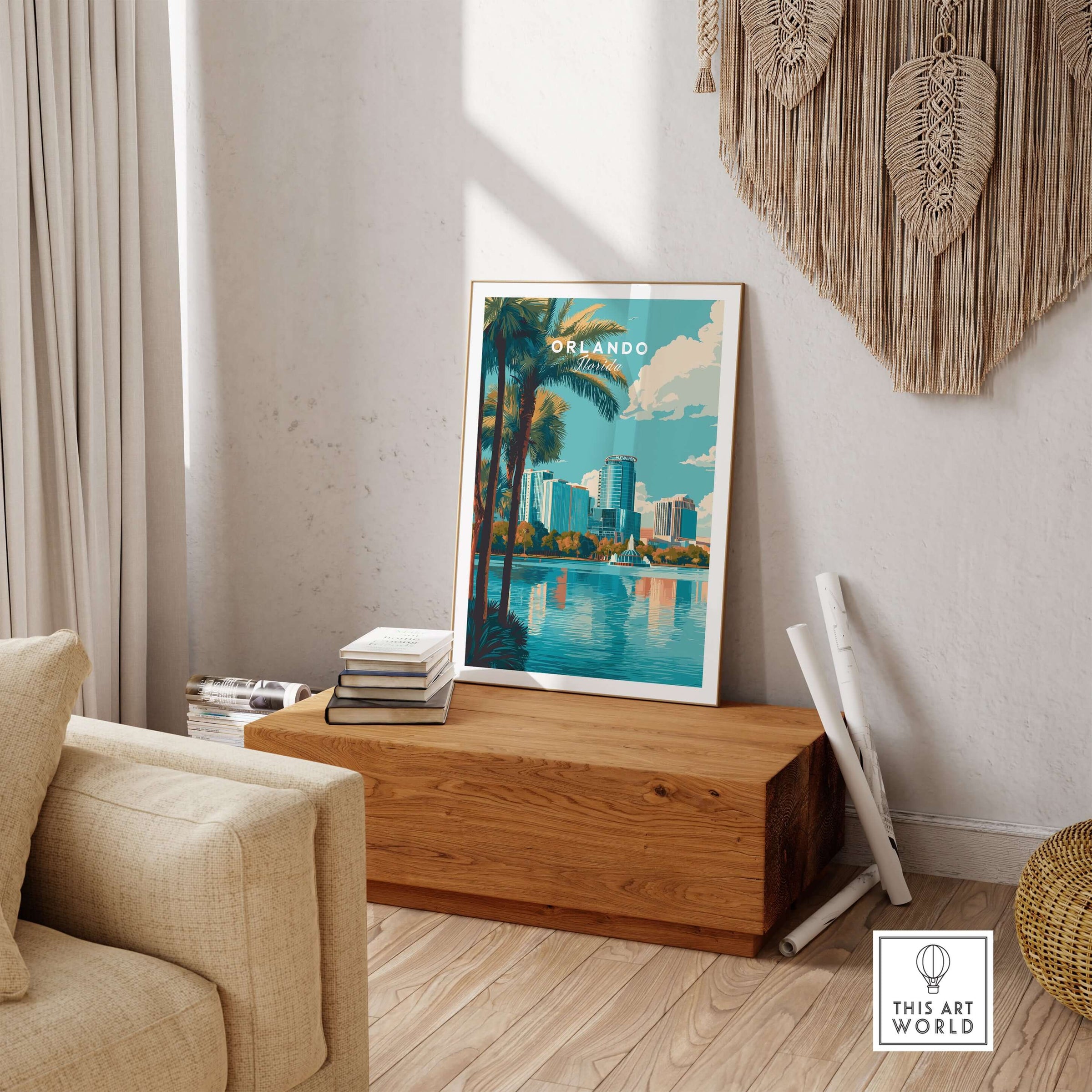 Orlando Print | Florida City Wall Art displayed in a modern living room setting on a wooden table.