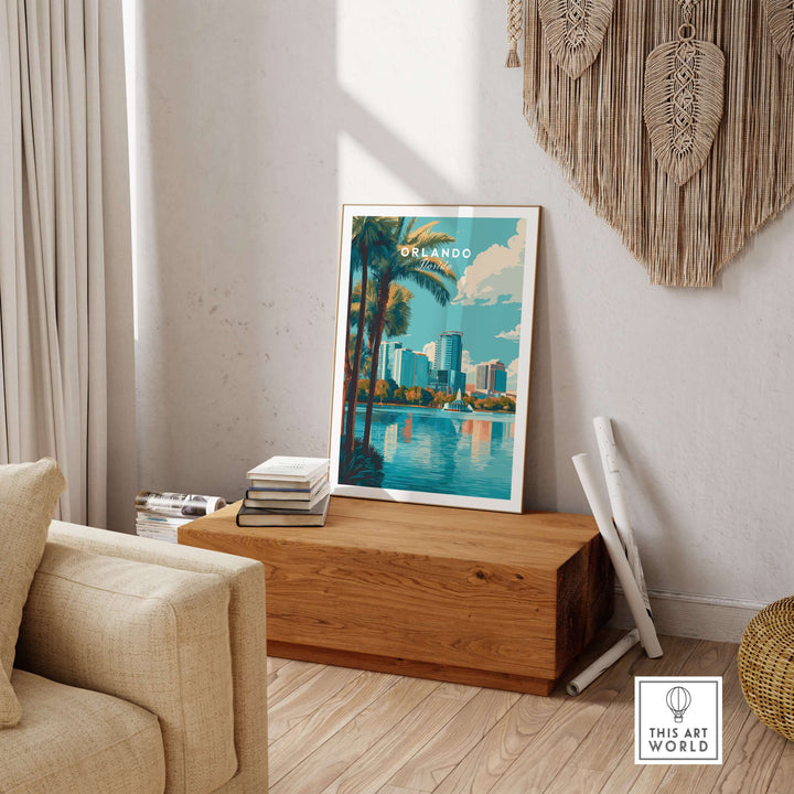 Orlando Print | Florida City Wall Art displayed in a modern living room with a wooden coffee table.
