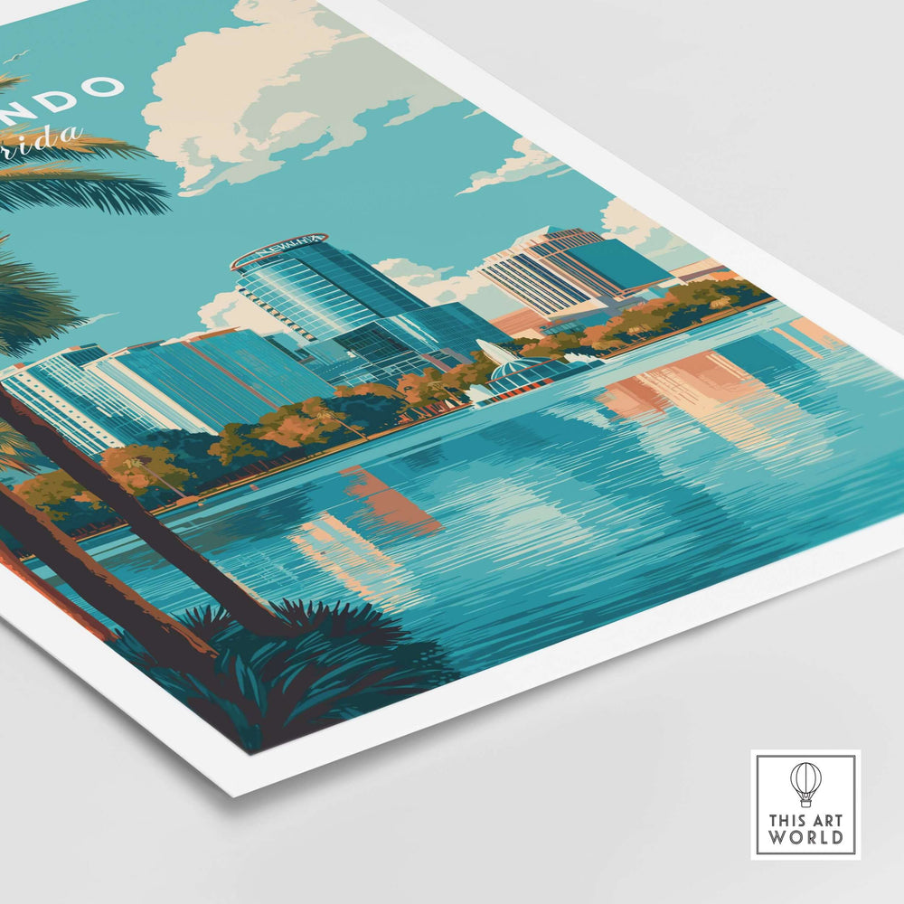 Orlando Print | Florida City Wall Art featuring a colorful skyline and reflections on water.