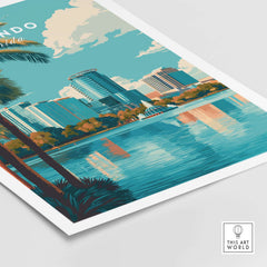 Orlando Print | Florida City Wall Art showcasing vibrant cityscape with reflections in the water.