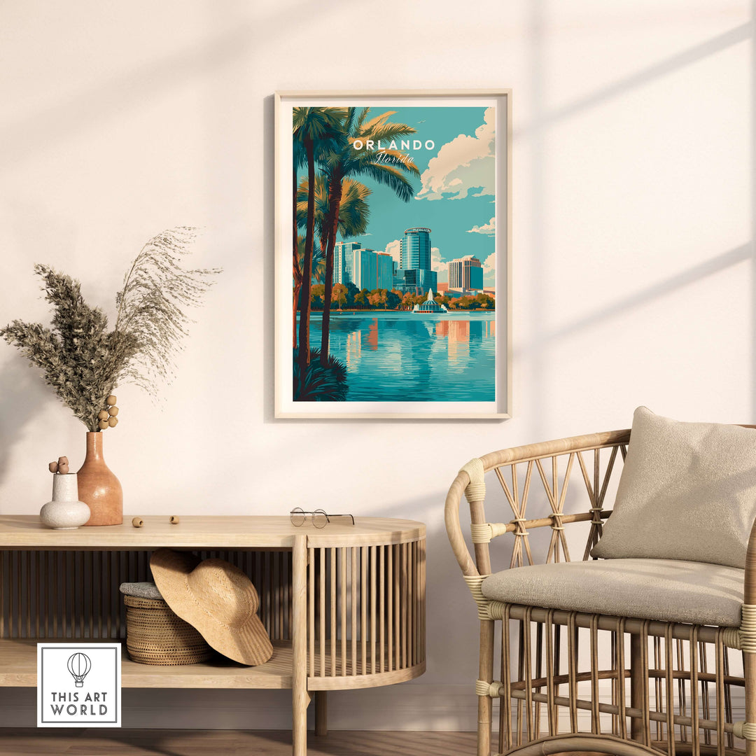 Orlando Print | Florida City Wall Art featuring vibrant cityscape and reflections in water.