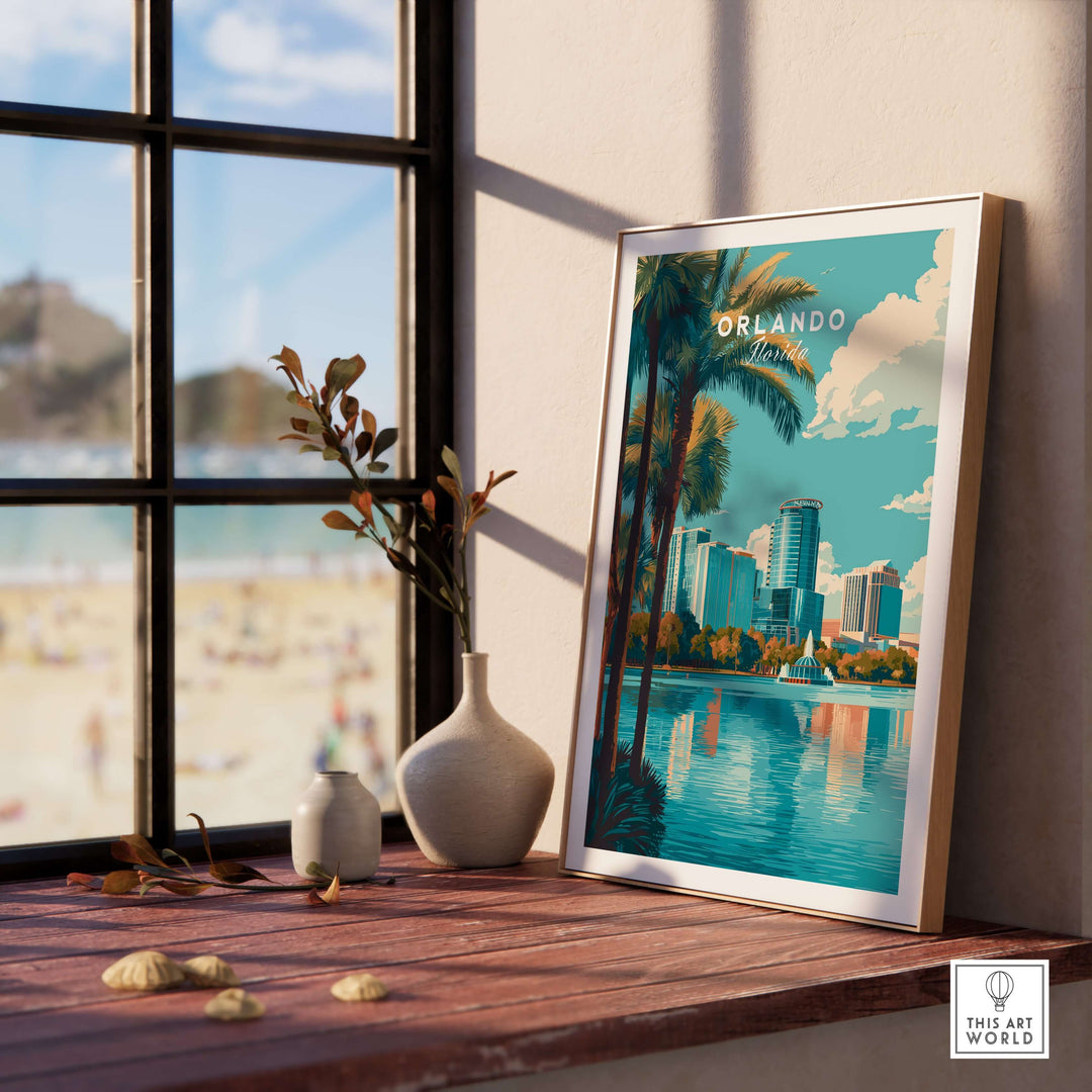 Orlando Print | Florida City Wall Art featuring vibrant cityscape and palm trees in a stylish interior setting.