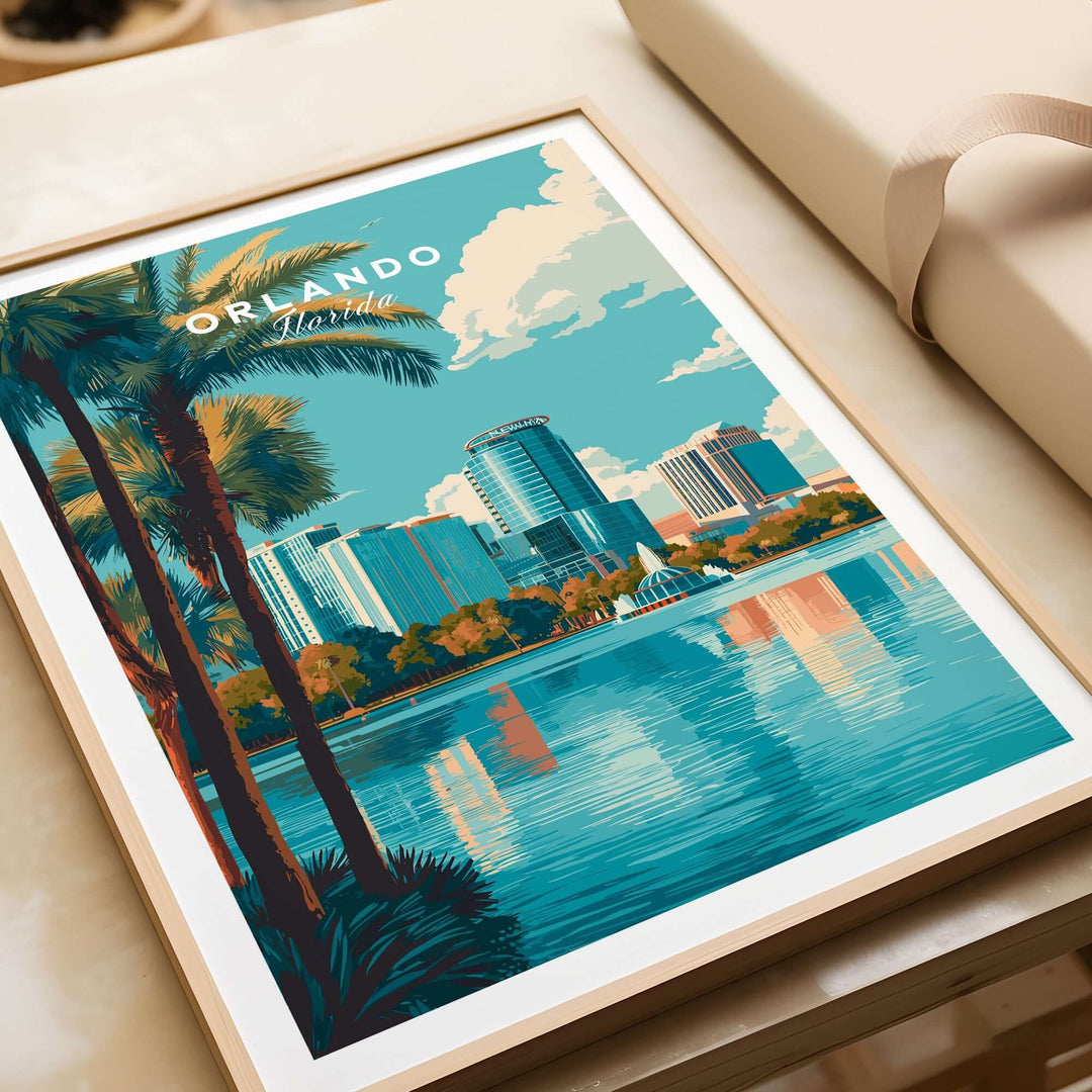 Orlando Print | Florida City Wall Art showcasing vibrant cityscape with palm trees and modern buildings.