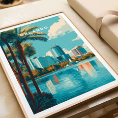 Orlando Print | Florida City Wall Art featuring a vibrant cityscape and palm trees in a framed design.