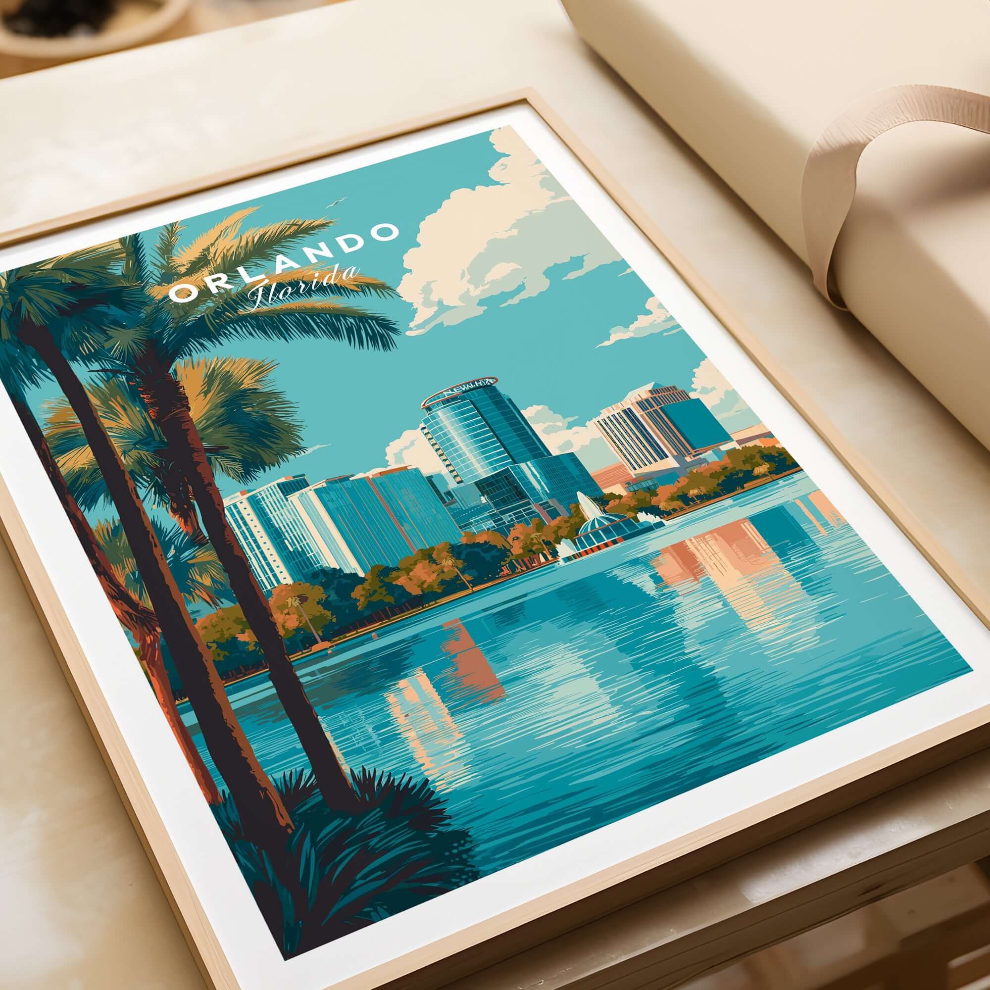 Orlando Print | Florida City Wall Art featuring a vibrant cityscape and palm trees in a framed design.