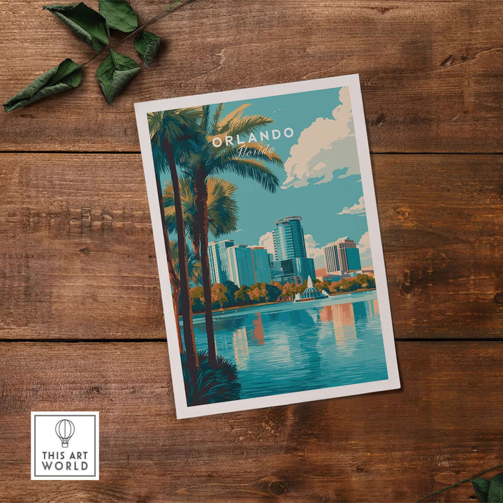 Orlando Print | Florida City Wall Art showcasing vibrant cityscape and palm trees over water.