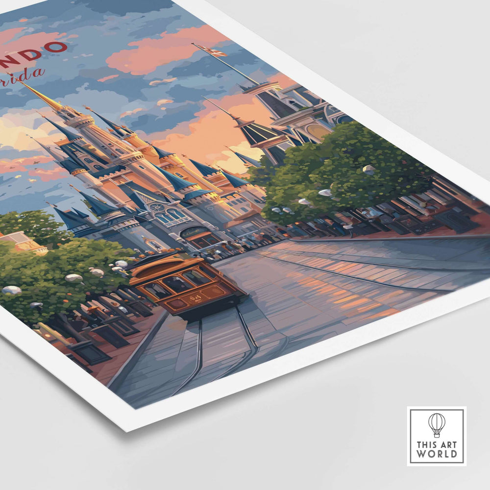 Orlando Print | Florida Home Decor featuring iconic cityscape and vintage streetcar in vibrant colors.