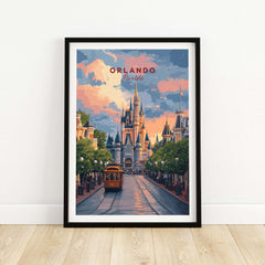 Orlando Print | Florida Home Decor showcasing a vibrant street scene with iconic architecture and a vintage tram