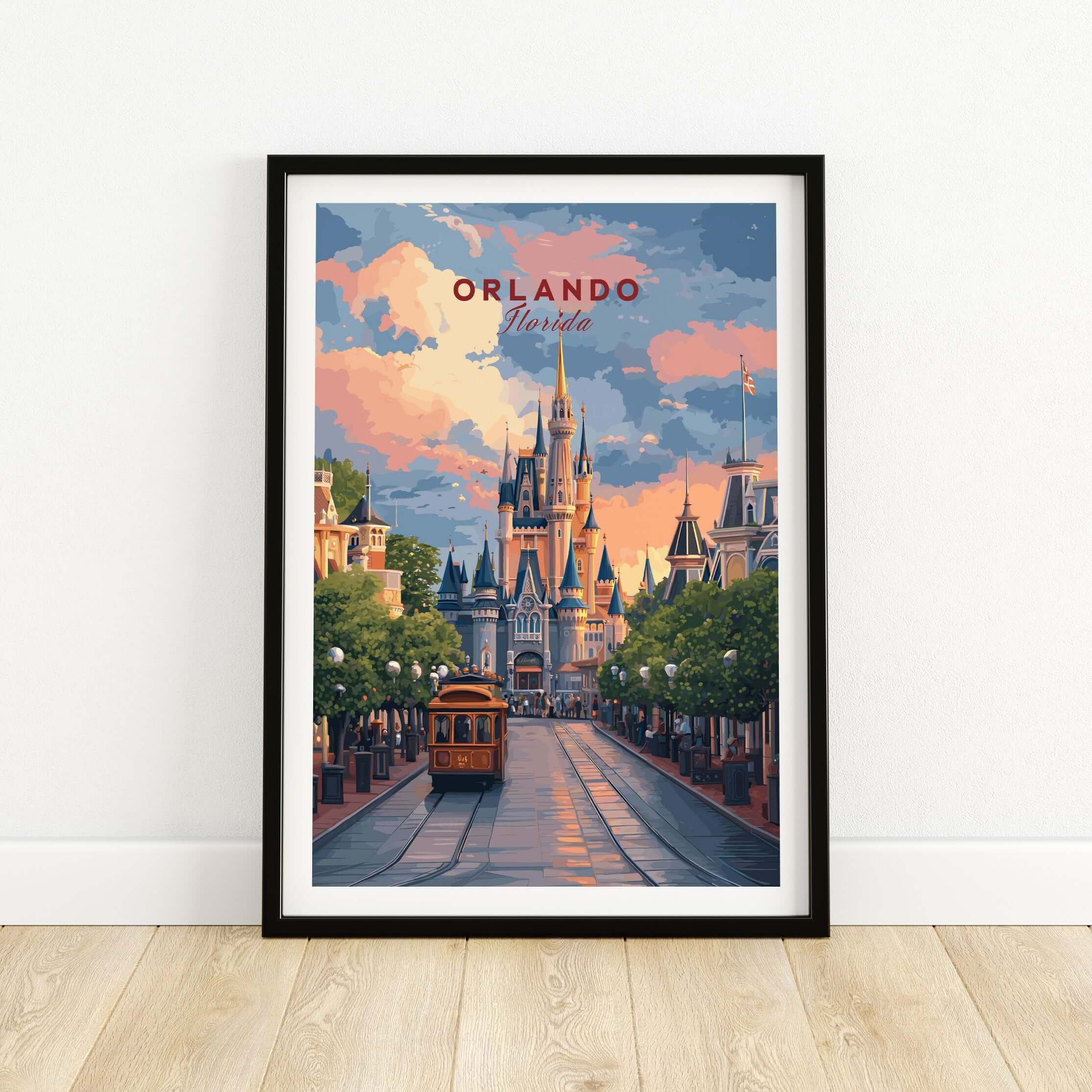 Orlando Print | Florida Home Decor showcasing a vibrant street scene with iconic architecture and a vintage tram