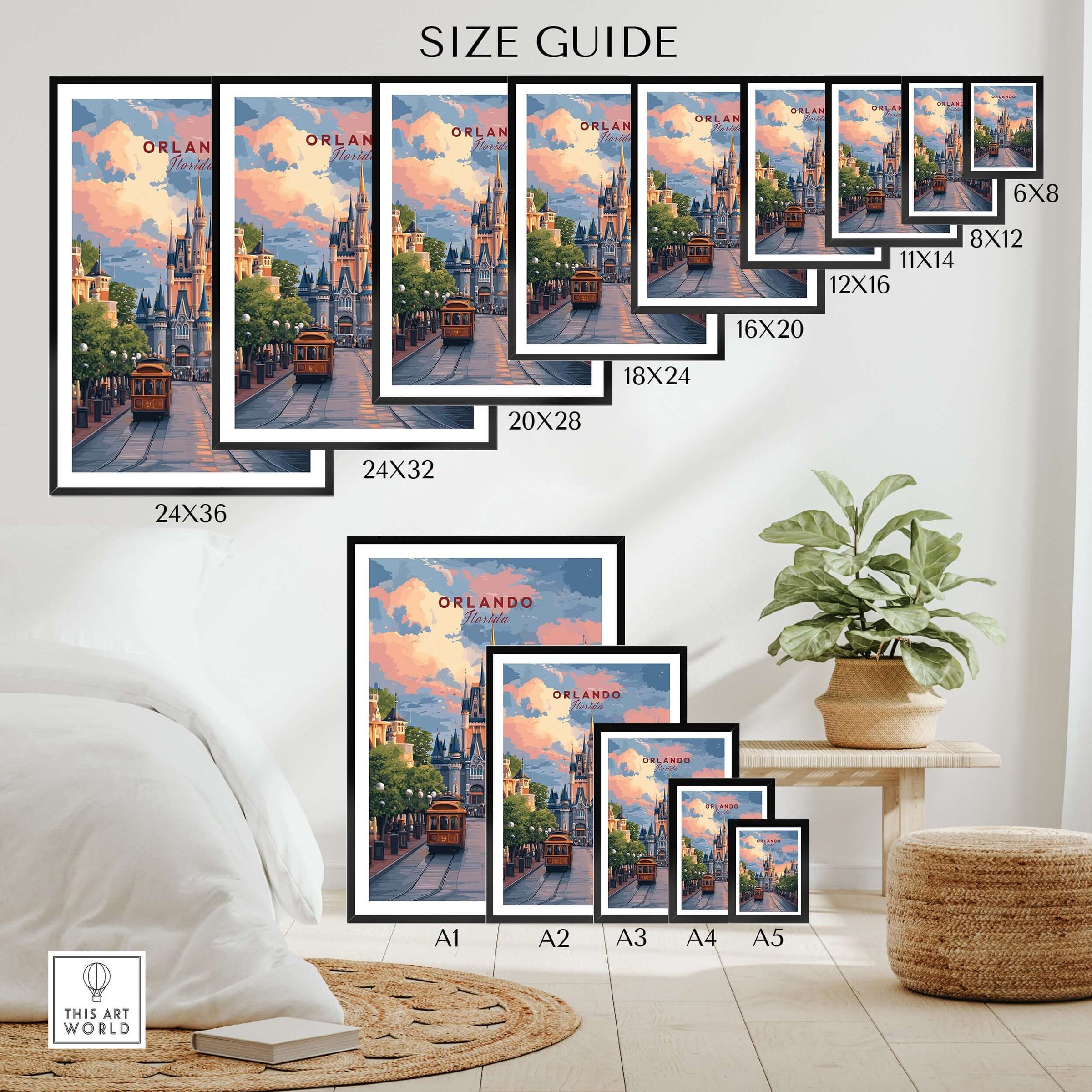 Orlando Print | Florida Home Decor size guide showcasing various print dimensions in a stylish setting.