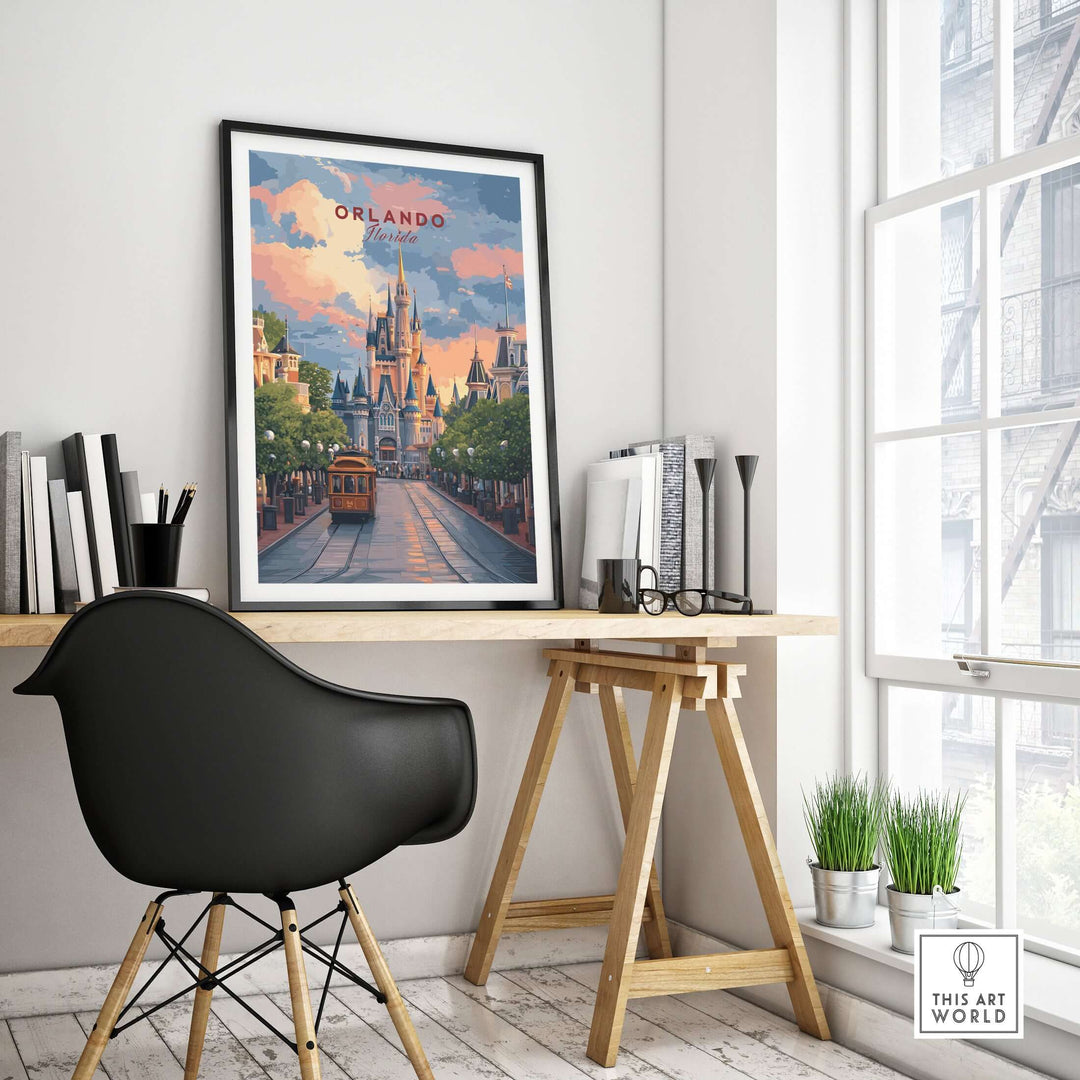 Orlando Print | Florida Home Decor framed artwork showcasing Orlando's vibrant cityscape in a stylish modern interior.