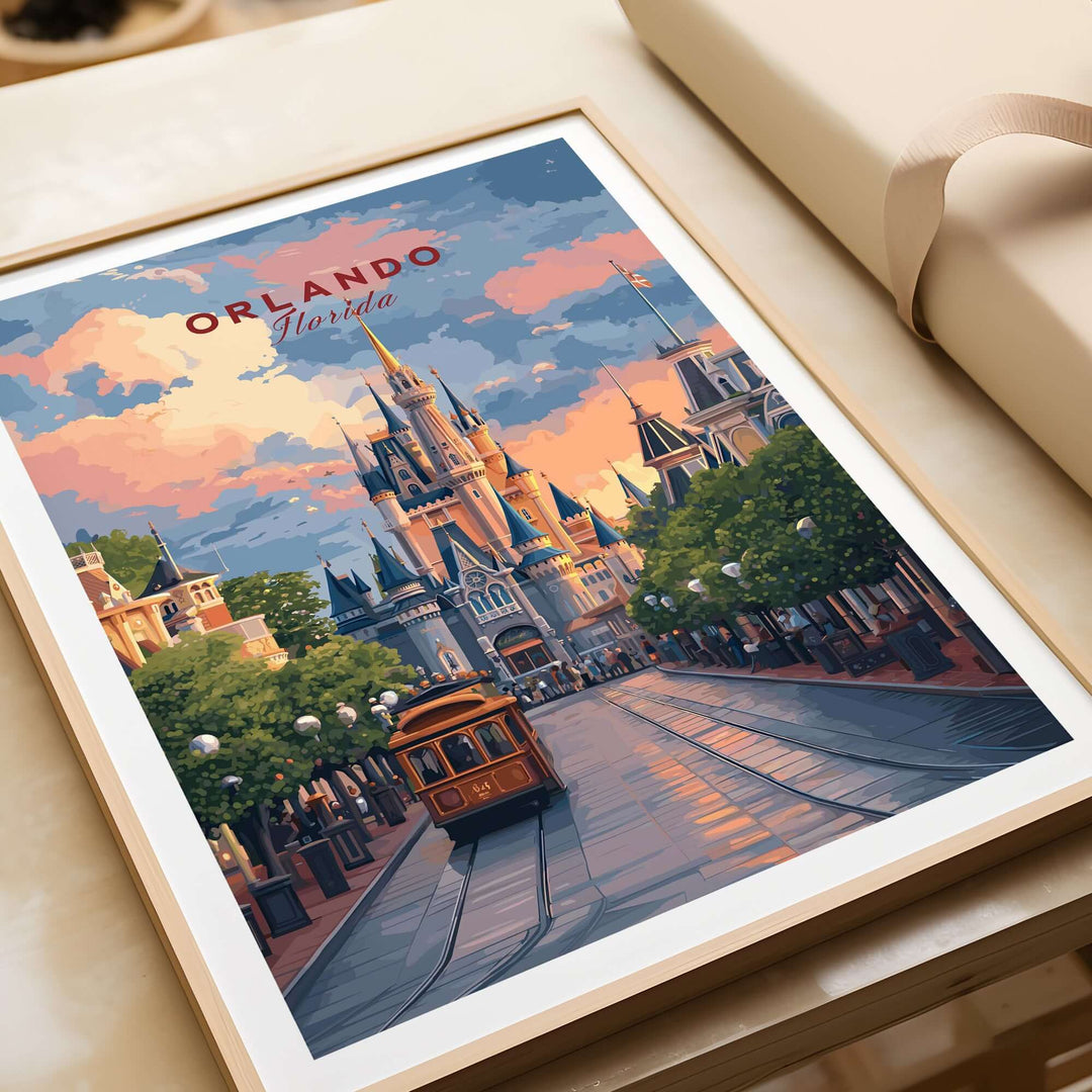 Orlando Print | Florida Home Decor showcasing a vibrant scene of Orlando with a historic tram and beautiful architecture.