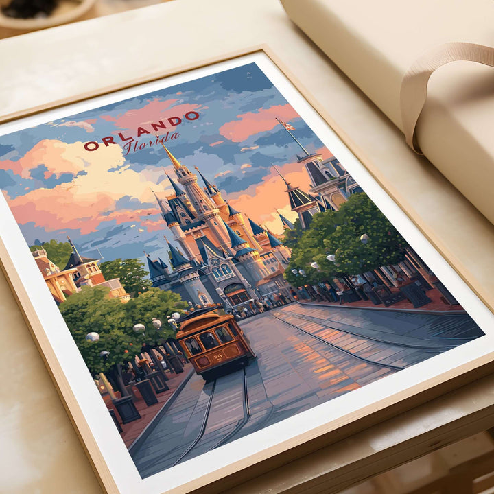 Orlando Print | Florida Home Decor showcasing a vibrant scene of Orlando with a historic tram and beautiful architecture.