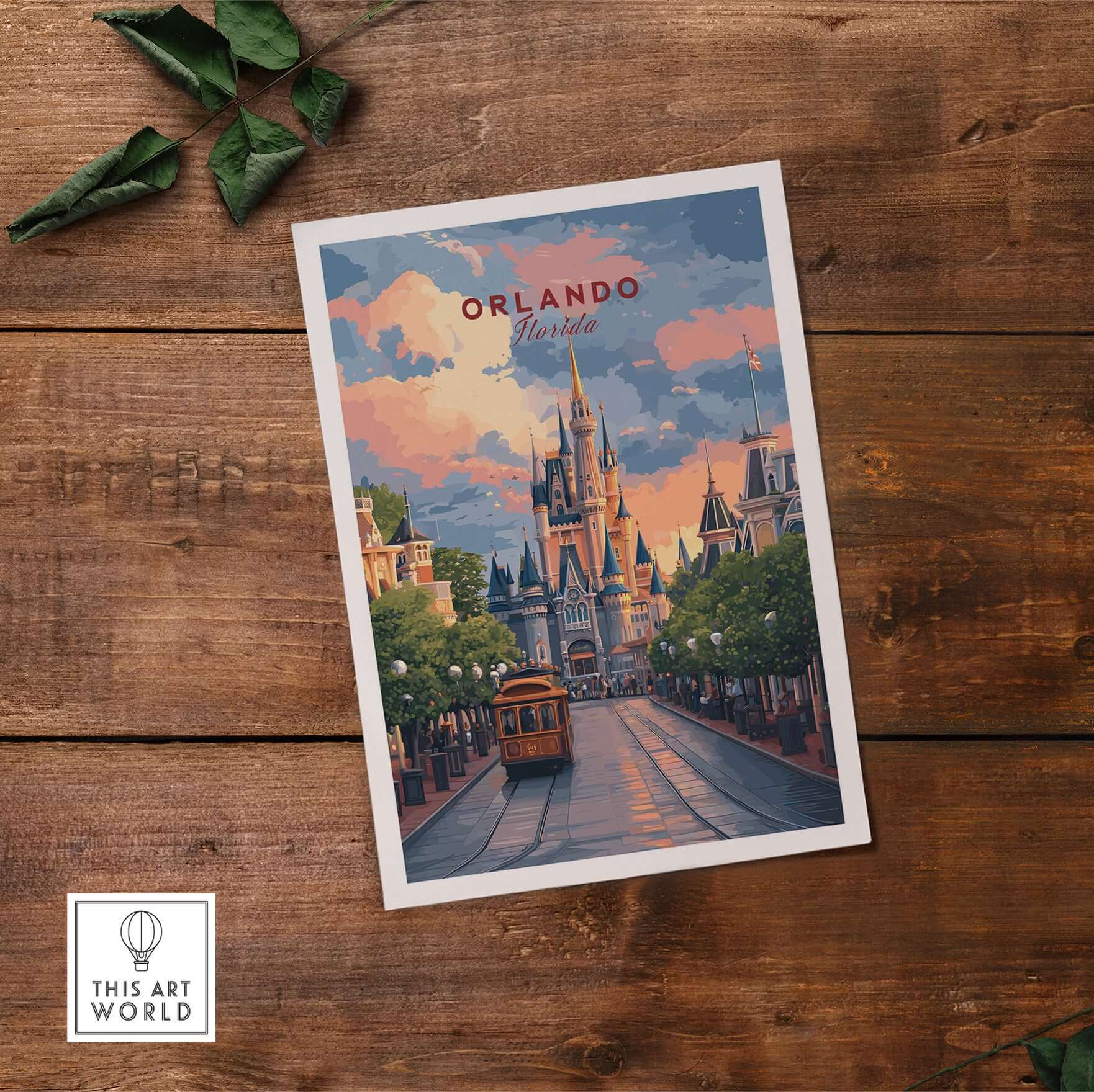 Orlando Print | Florida Home Decor artwork showcasing Orlando's charm and iconic architecture on a wood backdrop.