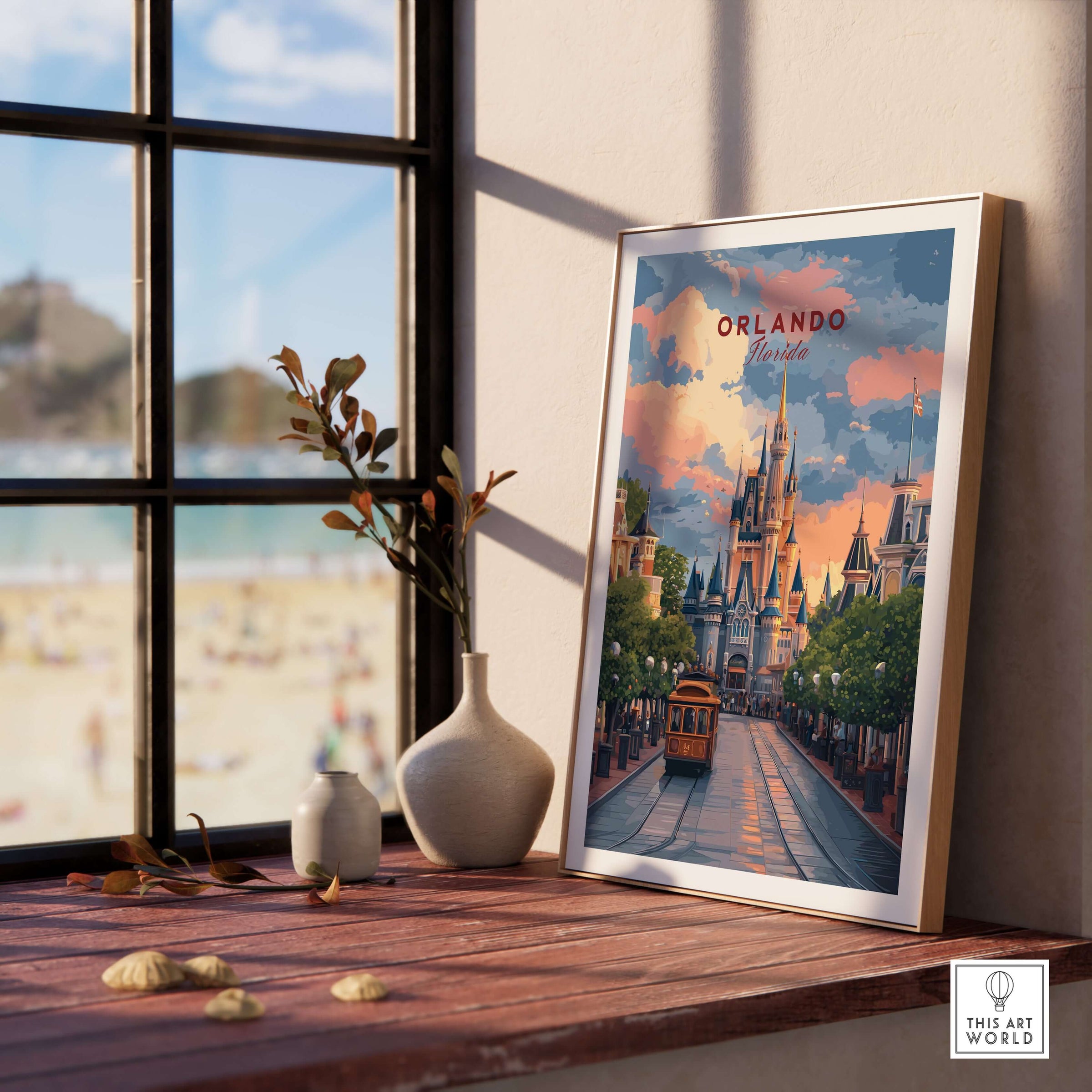 Orlando Print | Florida Home Decor showcased in a stylish interior setting with vibrant colors and a beach view.