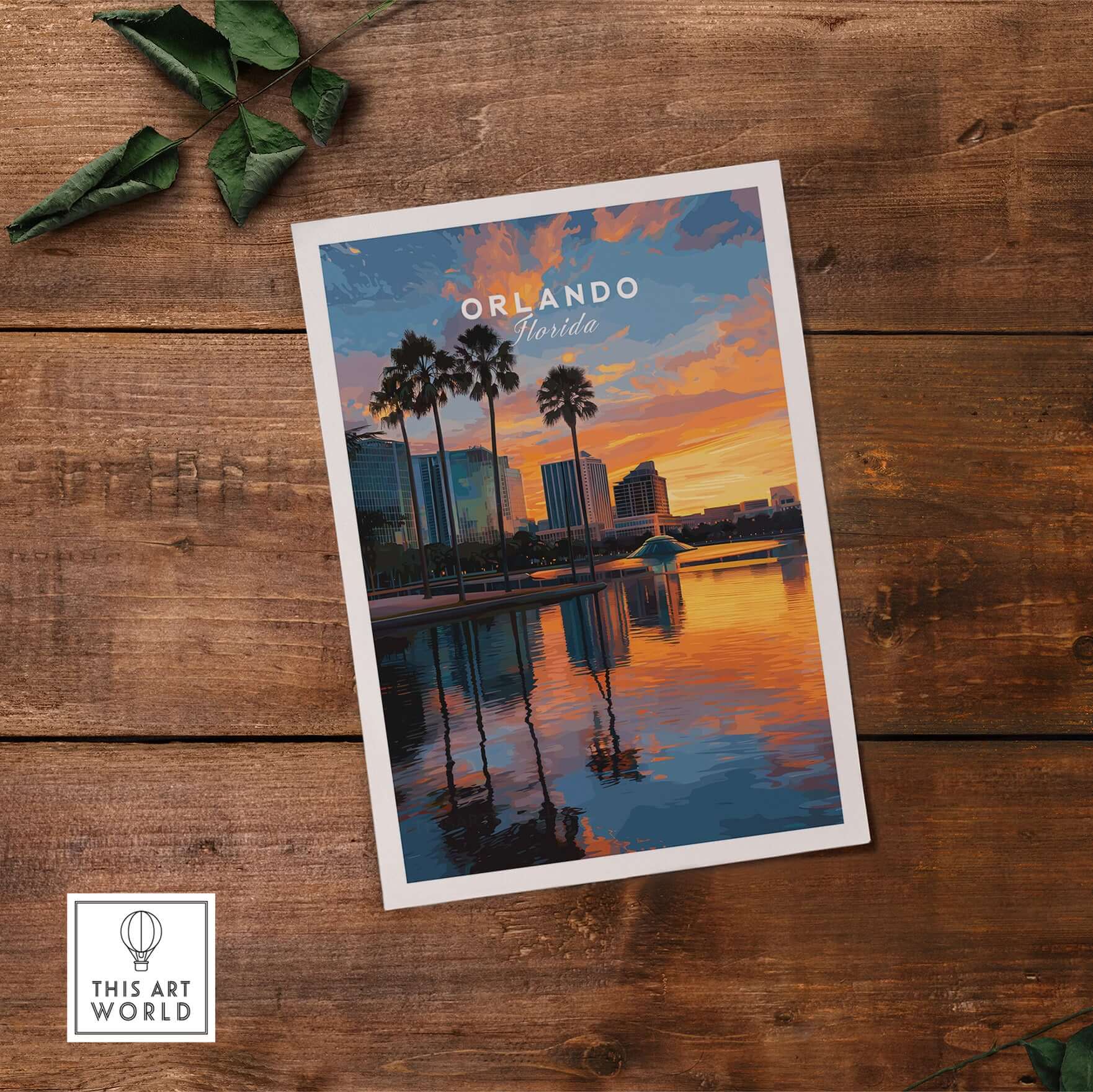 Orlando Print | Florida Urban Wall Decor featuring vibrant skyline at sunset with palm trees reflected in water.