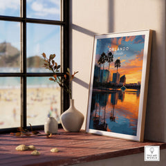 Orlando Print | Florida Urban Wall Decor showcasing Florida's skyline with palm trees and sunset reflections.
