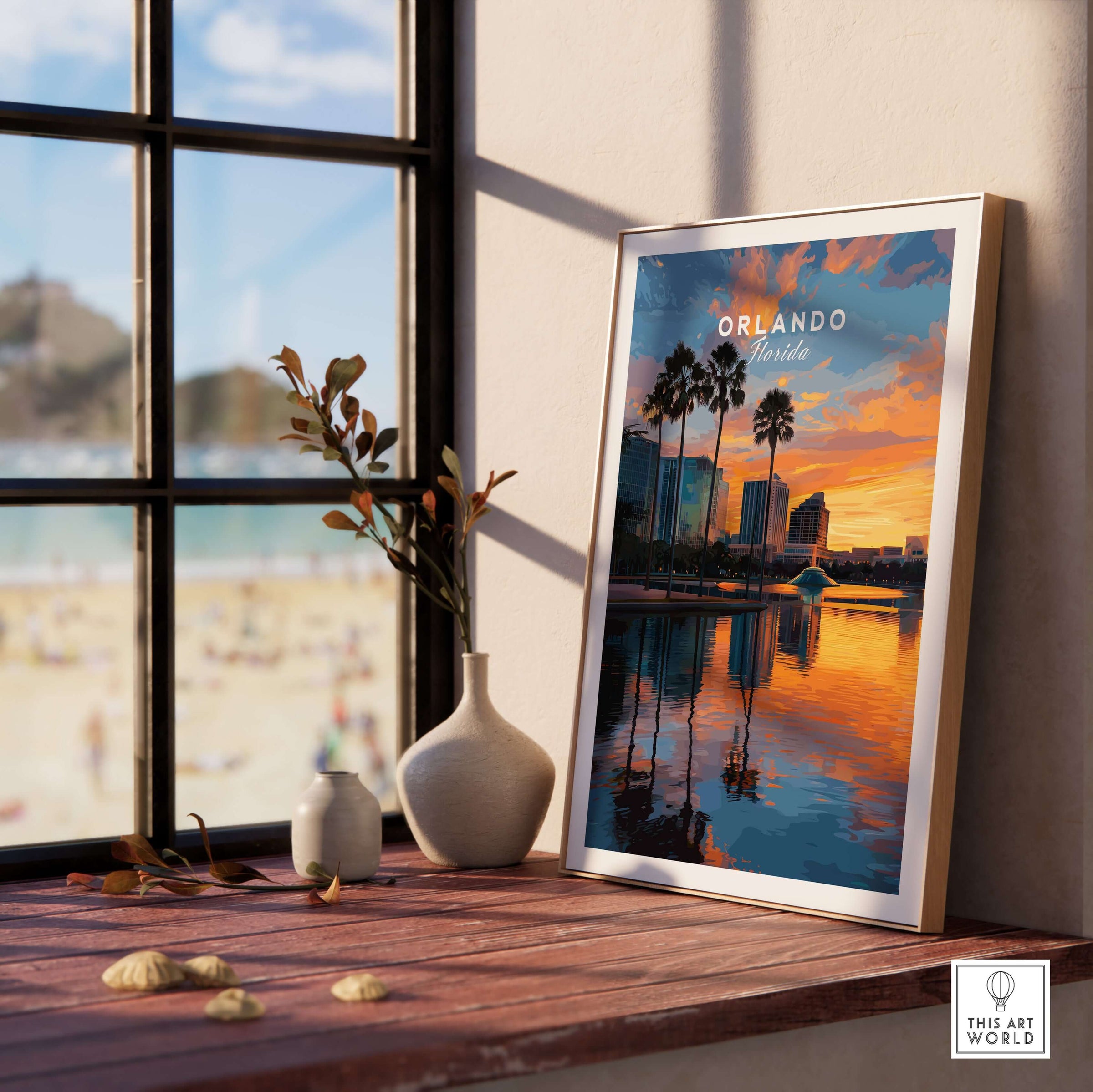 Orlando Print | Florida Urban Wall Decor showcasing Florida's skyline with palm trees and sunset reflections.