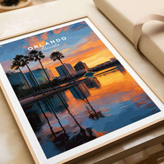 Orlando Print | Florida Urban Wall Decor featuring a vibrant sunset skyline reflection.