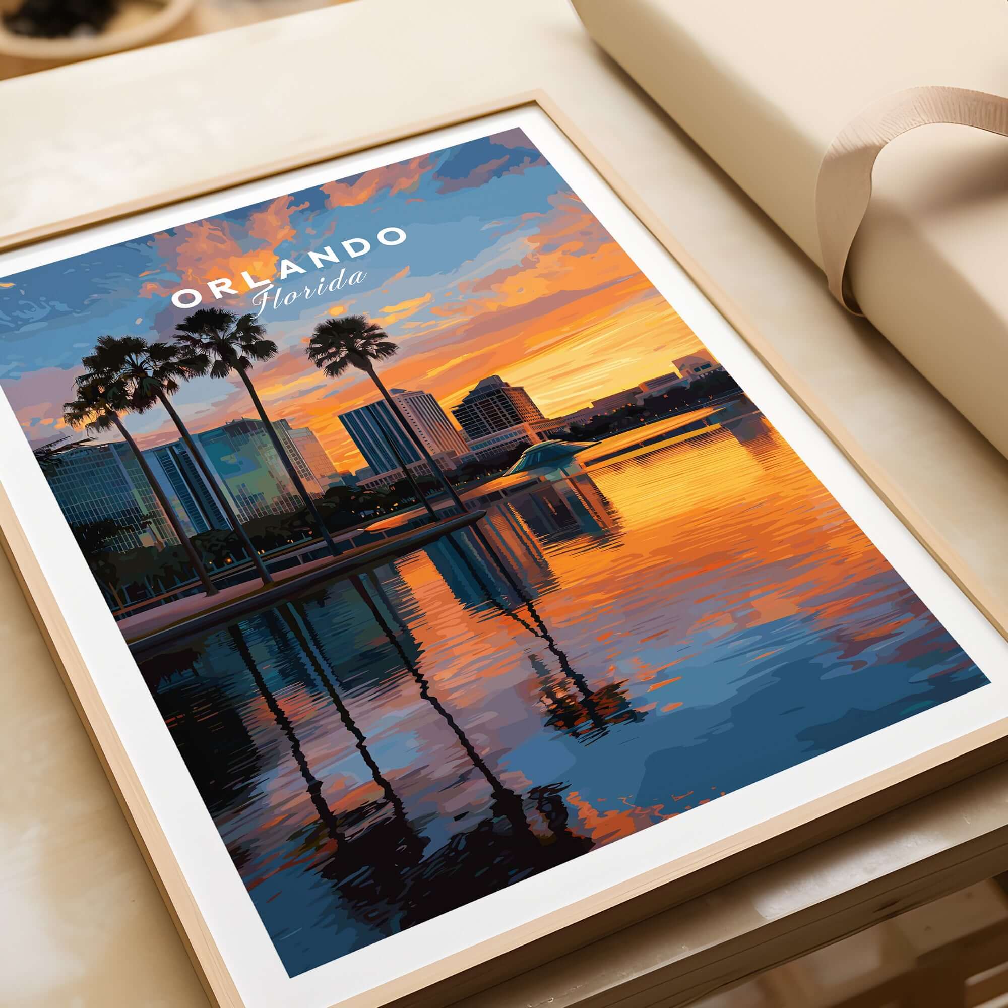Orlando Print | Florida Urban Wall Decor featuring a vibrant sunset skyline reflection.