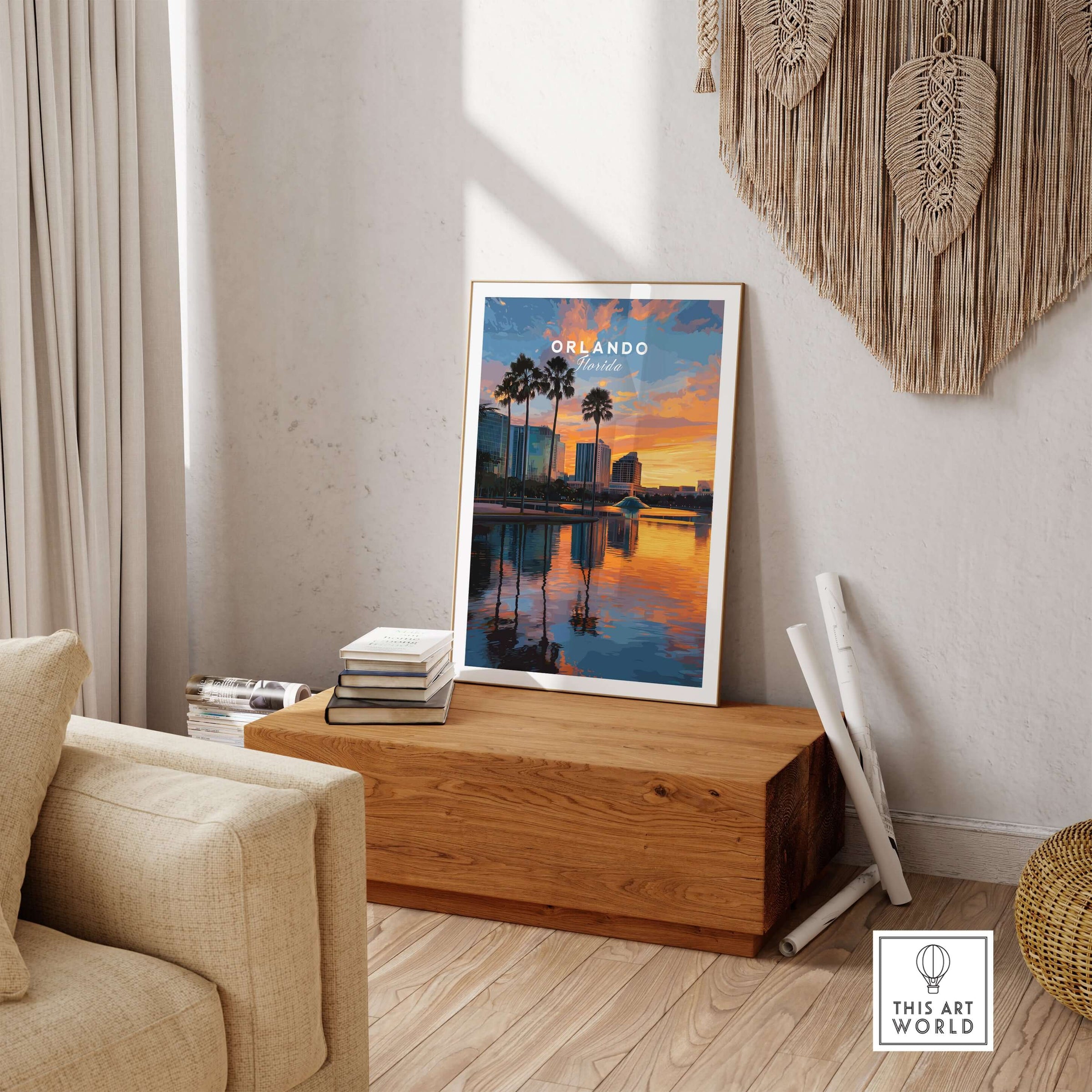 Orlando Print | Florida Urban Wall Decor displayed in a stylish living room with sunset skyline backdrop.