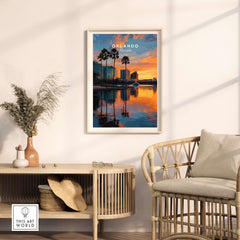 Orlando Print | Florida Urban Wall Decor showcasing vibrant sunset over city skyline and palm trees.
