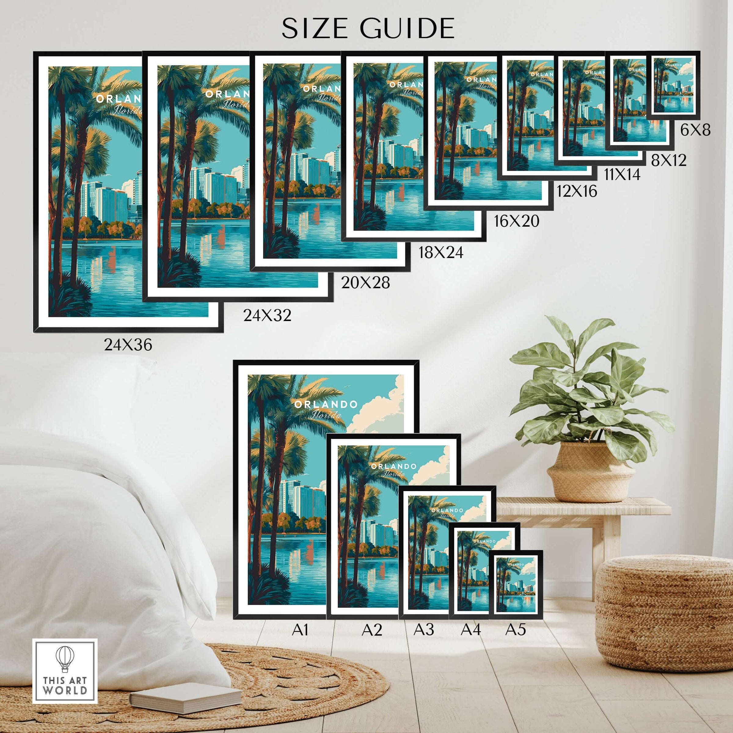 Orlando Print | Florida City Wall Art size guide showcasing various frame sizes and design options.