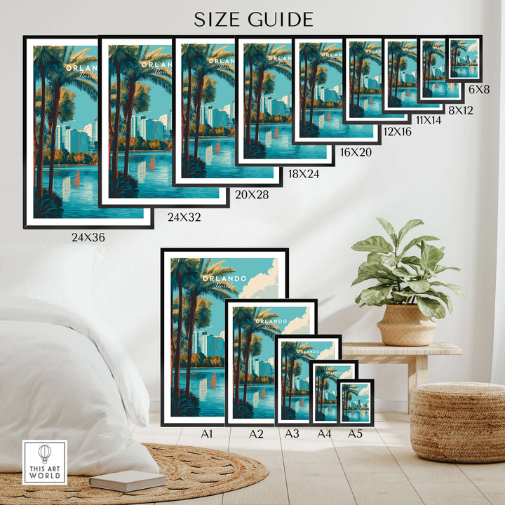 Orlando Print | Florida City Wall Art size guide showcasing various frame dimensions for home decor.