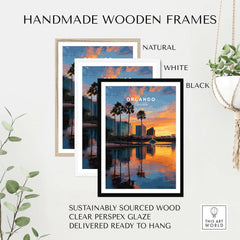 Orlando Print | Florida Urban Wall Decor displayed in handmade wooden frames in natural, white and black colors.