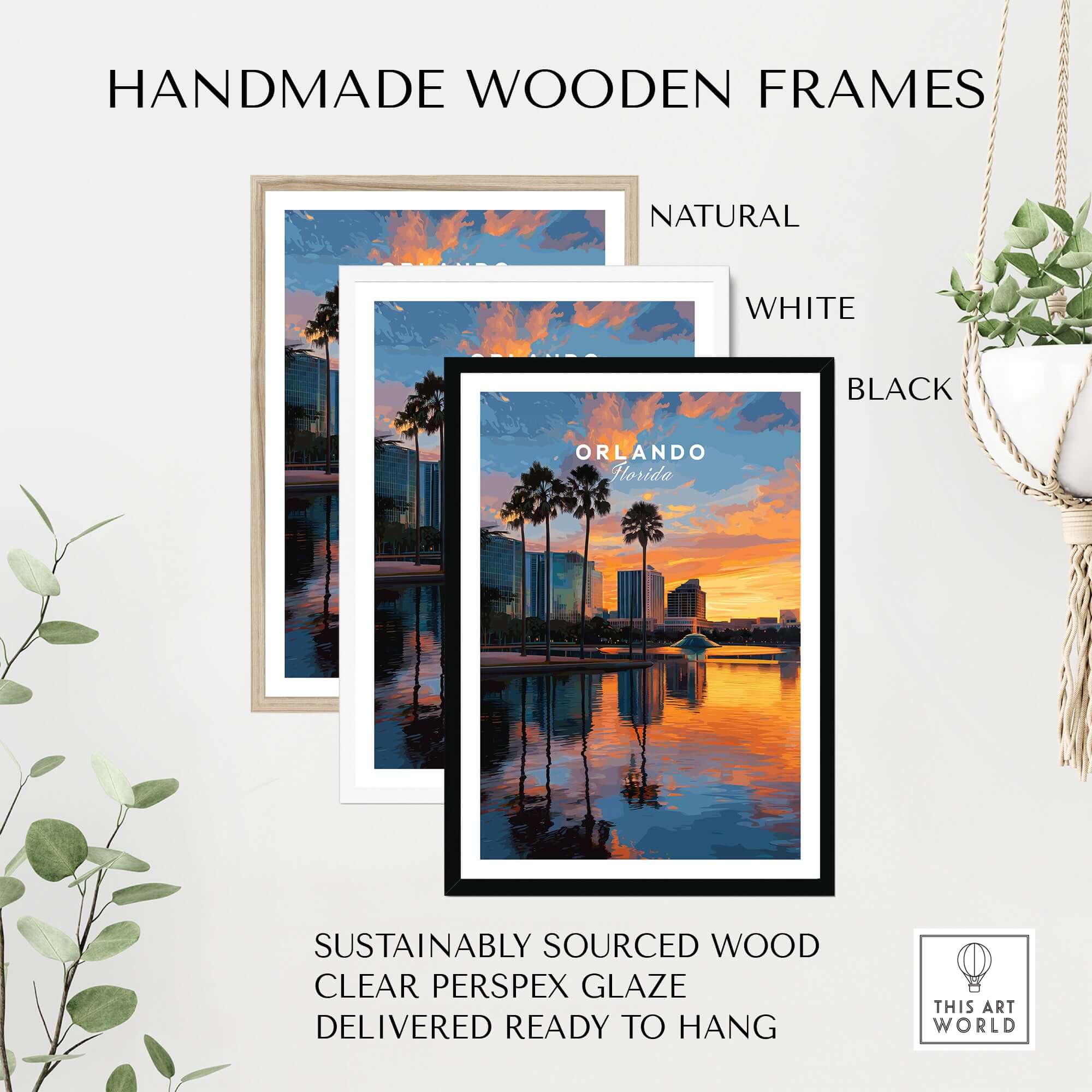 Orlando Print | Florida Urban Wall Decor displayed in handmade wooden frames in natural, white and black colors.