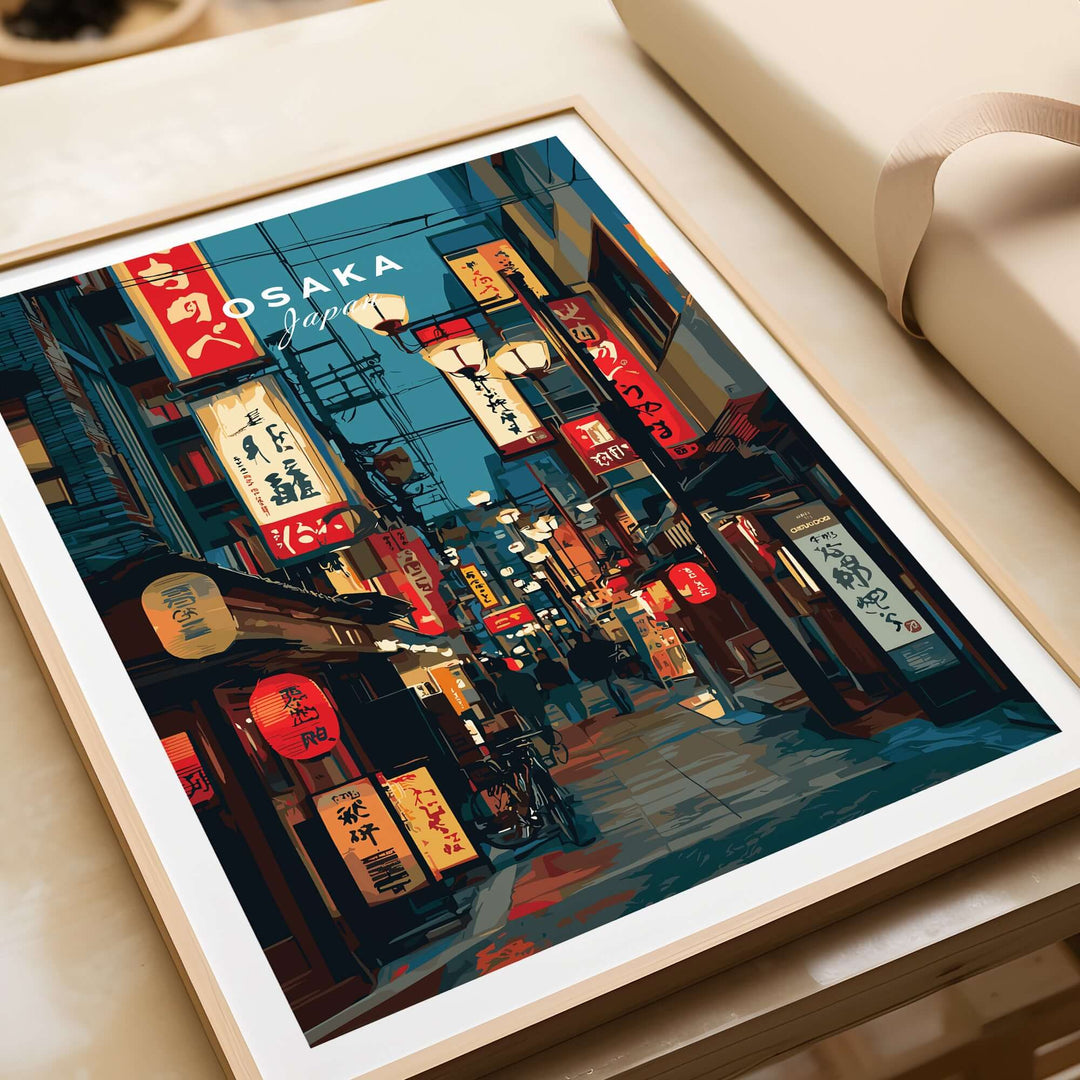 Osaka travel print featuring vibrant lantern-lit streets in a cityscape wall art poster.