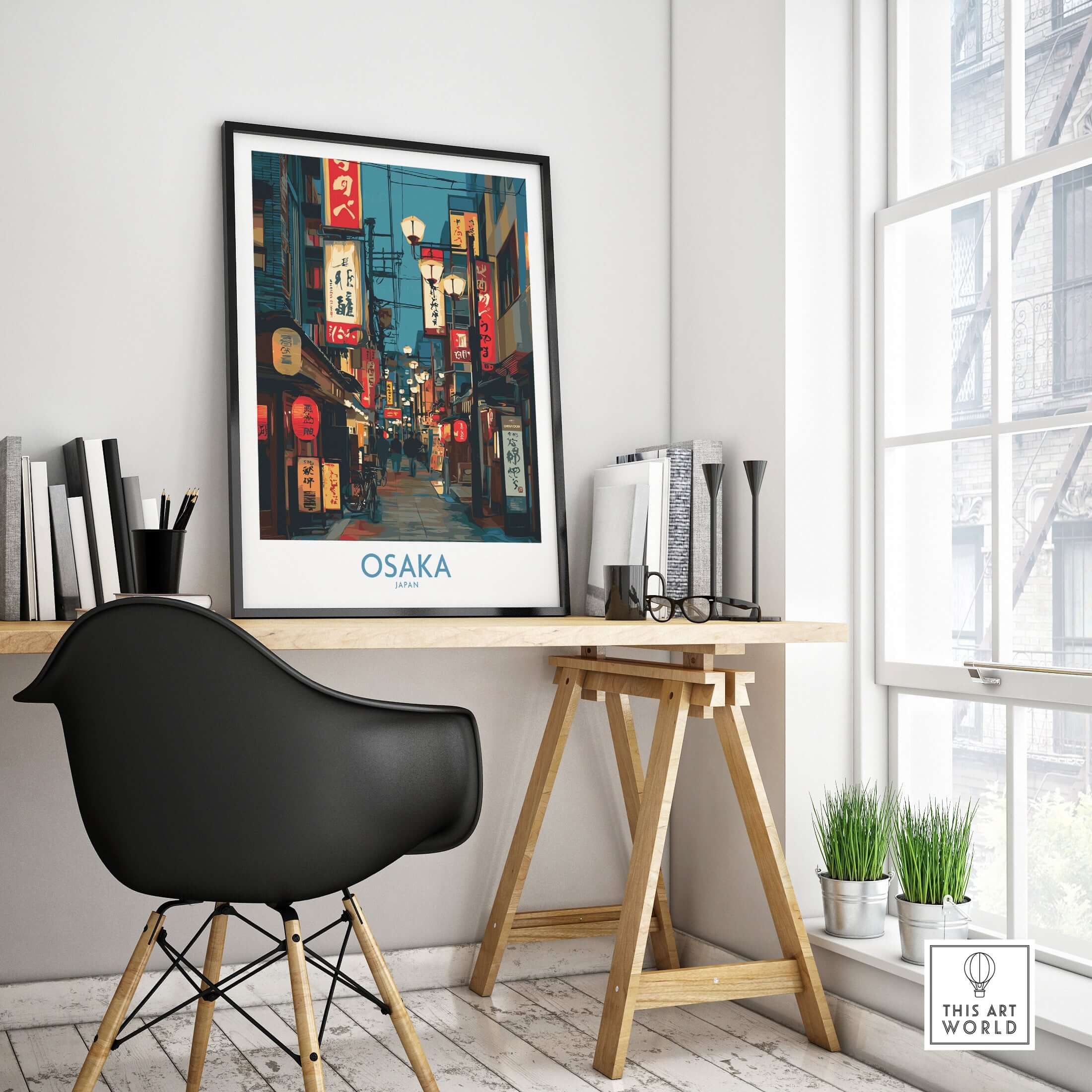 Osaka Japan Wall Art Print displayed in a stylish home office setting, showcasing vibrant street life and culture.
